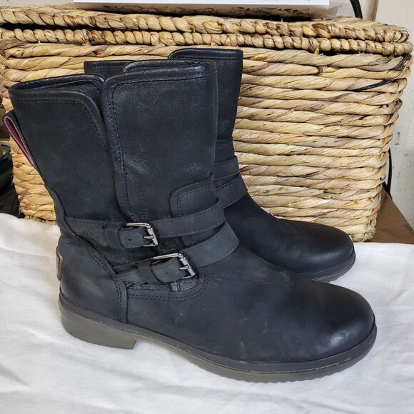 UGG Boots Womens 7 Simmens Waterproof Moto Style Rain Straps Shearling Lined Zip - Picture 1 of 8